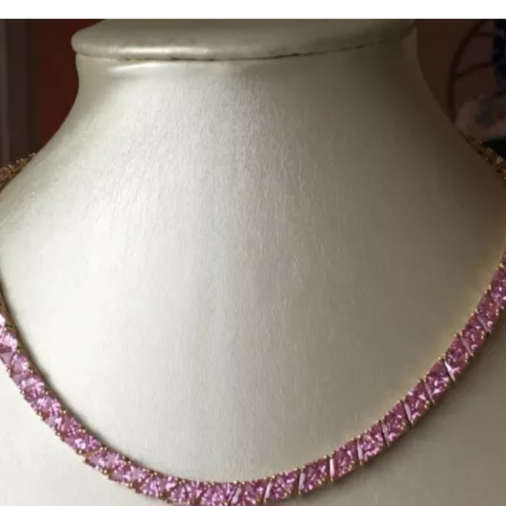 SUZANNE SOMERS PINK CZ TENNIS NECKLACE 14K YELLOW GOLD OVER STERLING SILVER NEW